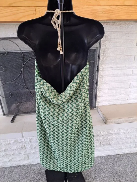 Y2K Green Halter Midi Dress Rope Straps Size 14 Geometric Pattern Boho Retro - Picture 7 of 13